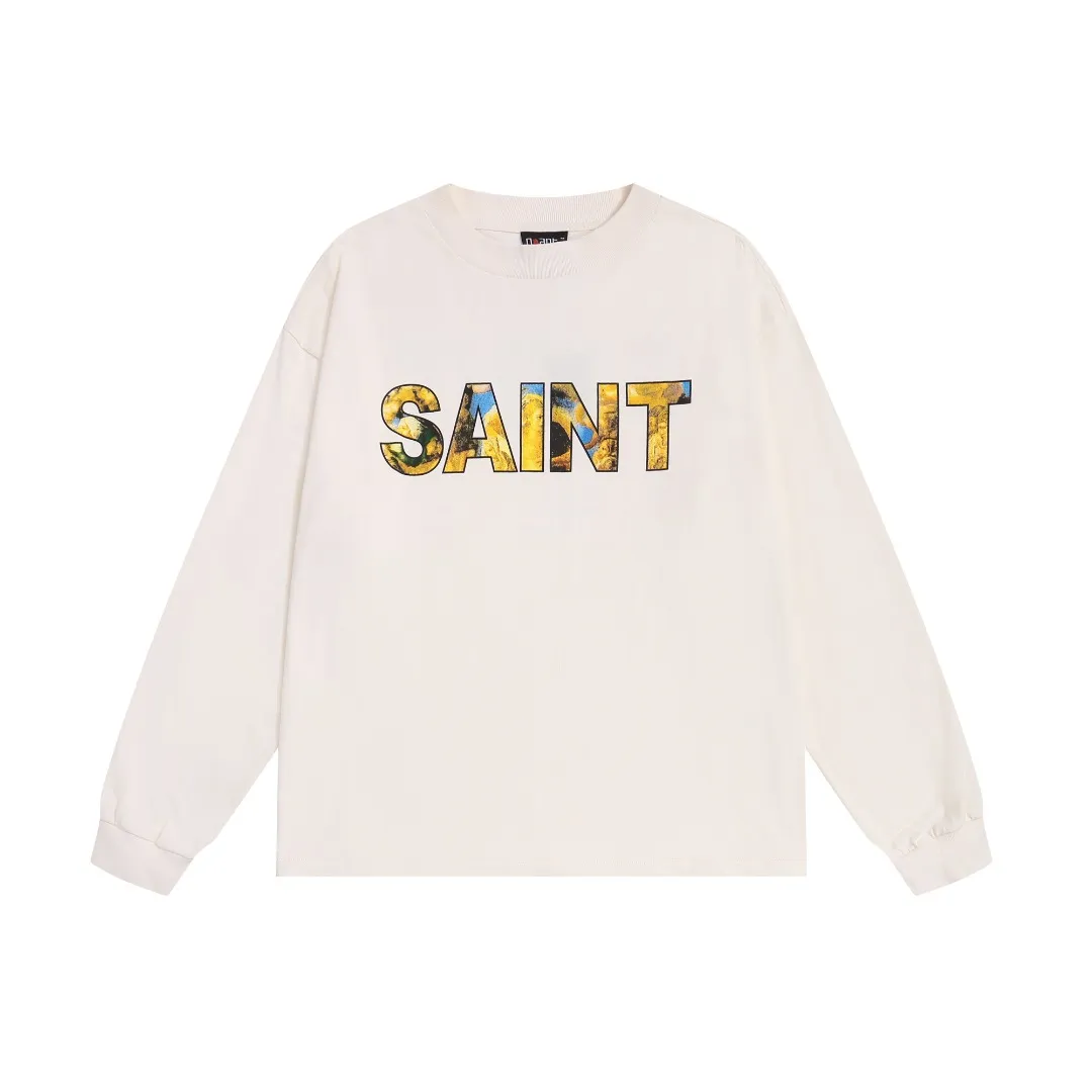 SAINT Michael FW25 vintage distressed round neck long-sleeved T-shirt with oil painting letters printed on the chest for spring and autumn. Fabric: 260g Style number: SM663 Size: S-M-L-XL Color: White Price: P144